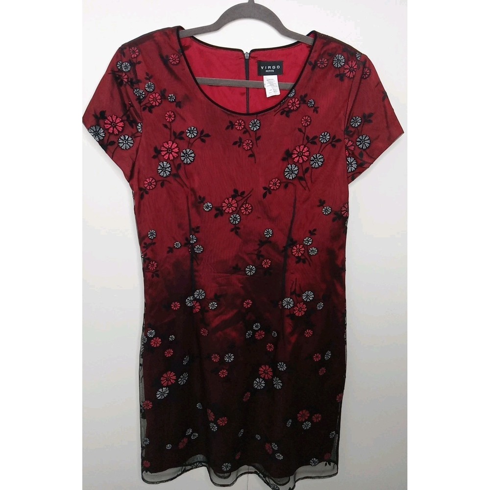 Vintage Virgo Petite Black Mesh Red‎ Lined Glitter Floral Dress Size 14P
